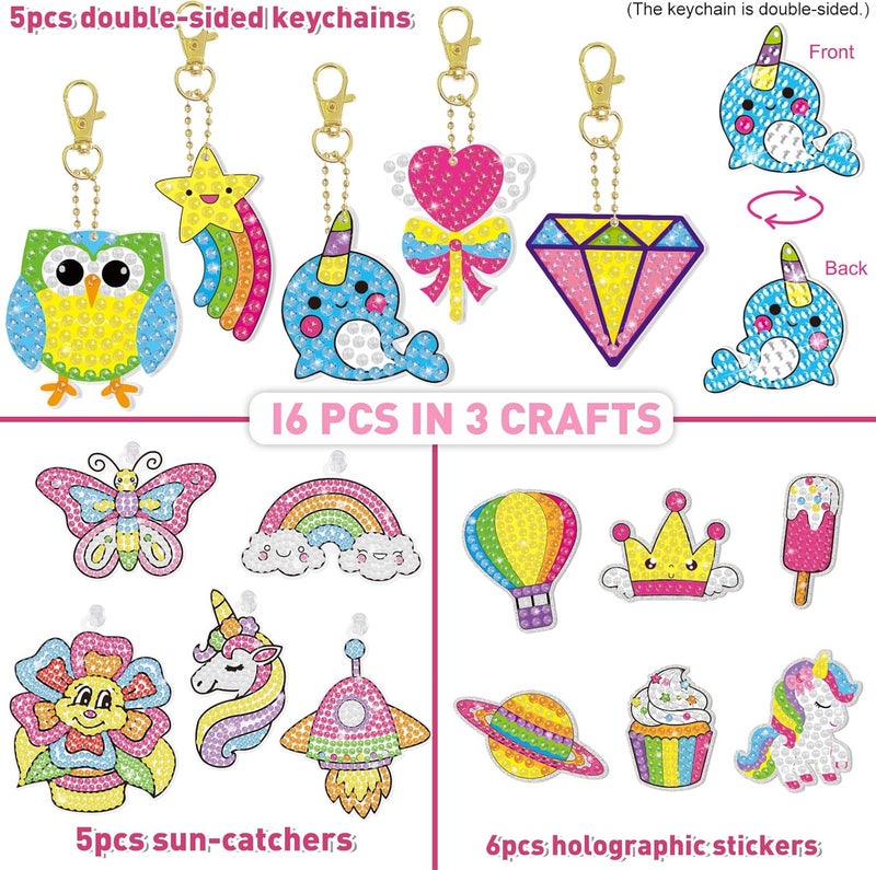 BANBBUR 16 Pcs Gem Art for Kids Age 4-8 8-12,Kids Crafts 5D Gem Diamond Art Kit with 5 Suncatchers/5 Keychains/6 Magical Stickers,Painting Art Crafts for Christmas - Image 3
